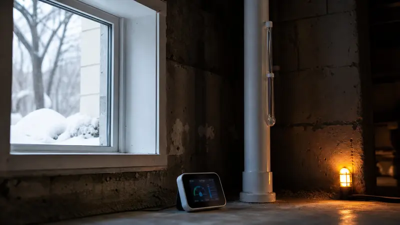 Radon monitor beside a basement window in winter