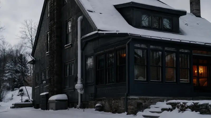 Snow-covered York home in winter with windows closed