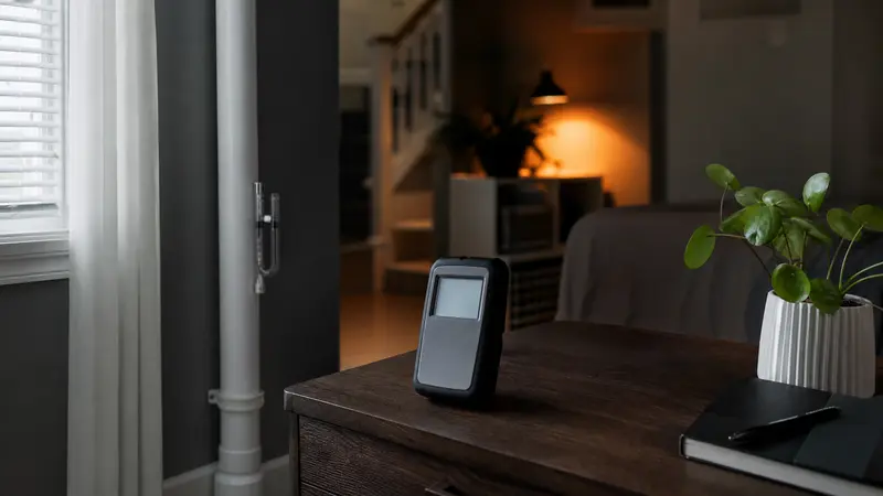 Radon monitor on a desk in a ground-floor apartment
