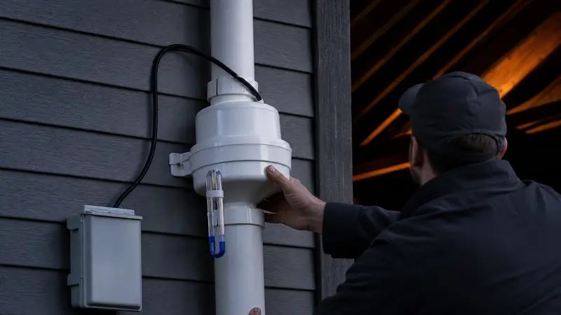 Sealed crawl space membrane beside a dehumidifier drain line
