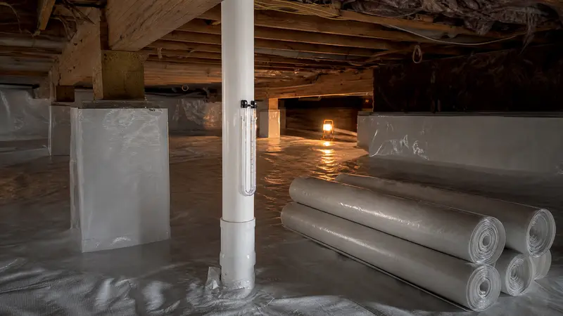 Partially sealed crawl space with membrane rolls ready to install