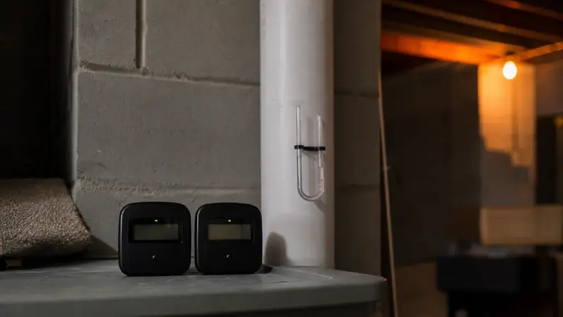 Two radon monitors side by side on a basement table