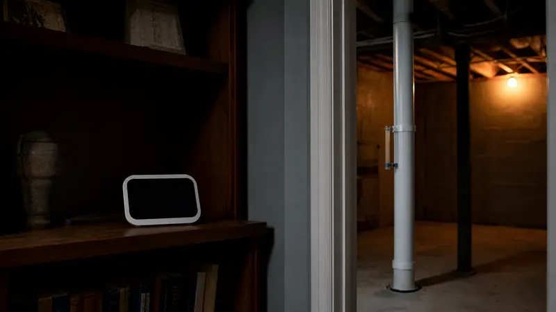 Consumer digital radon monitor on a bookshelf, screen dark