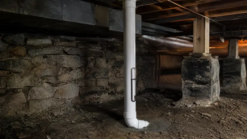 Old basement with an exposed dirt floor and stone walls