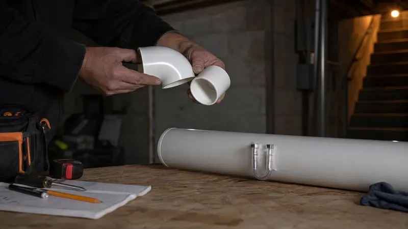 Homeowner’s hands holding a PVC elbow and coupling
