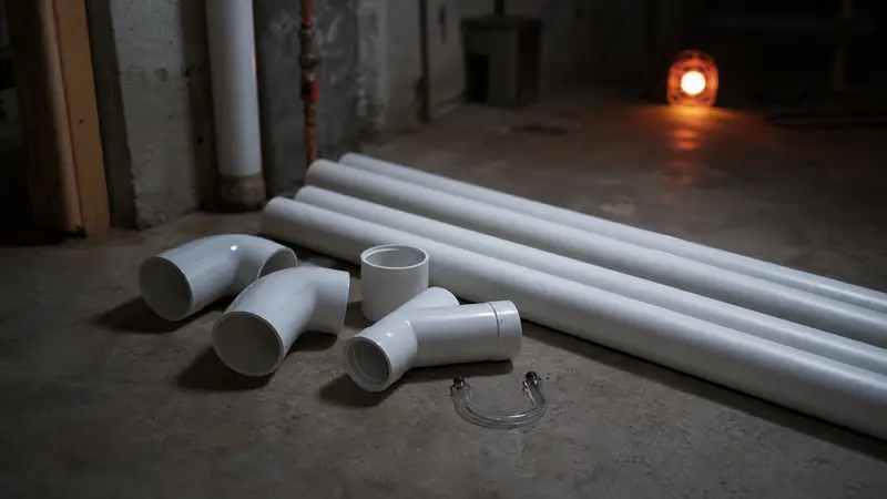 PVC pipe, fittings and a radon fan laid out on a basement floor