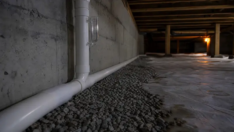 Perimeter drain tile pipe in gravel along a basement footing