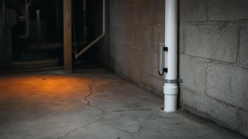 Cracks in a basement slab beside a block wall