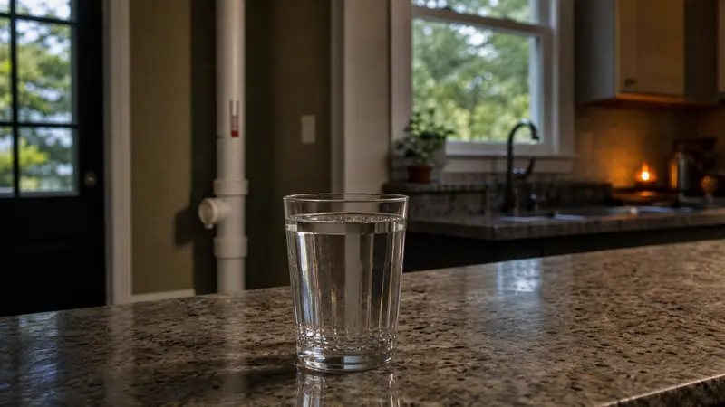 Glass of well water on a kitchen counter