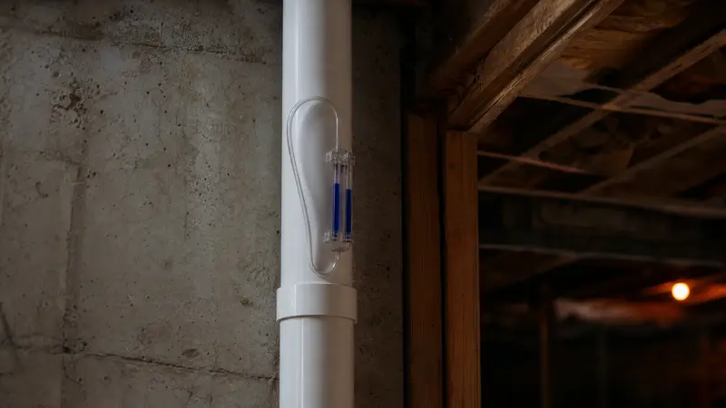 Sealed and labeled radon pipe with manometer in a basement