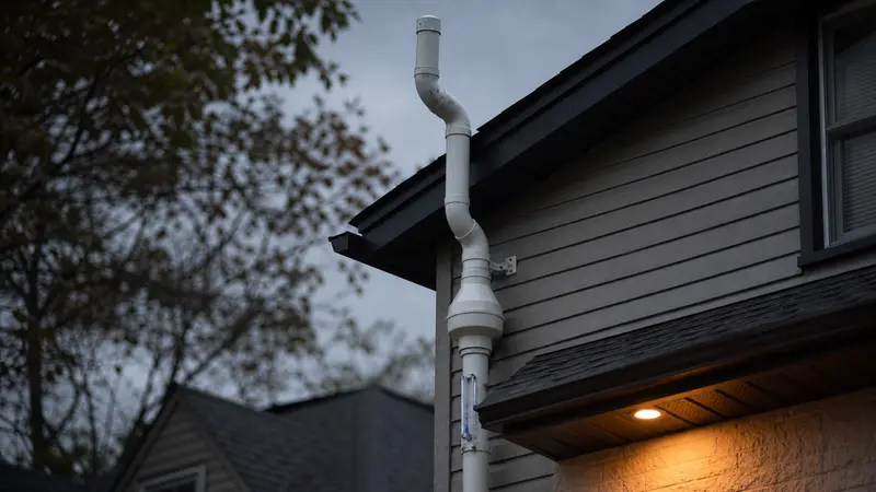 Radon exhaust pipe ending above the roof eave, away from windows