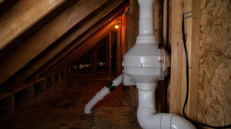 Radon fan on an attic pipe run