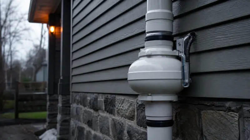 Radon fan with its electrical connection on an exterior wall