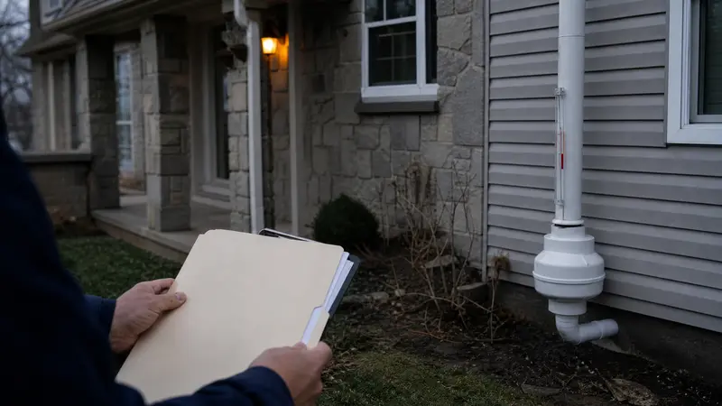 Agent’s hands holding a folder outside a house for sale
