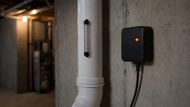 Radon system pressure alarm mounted on a basement wall near the pipe