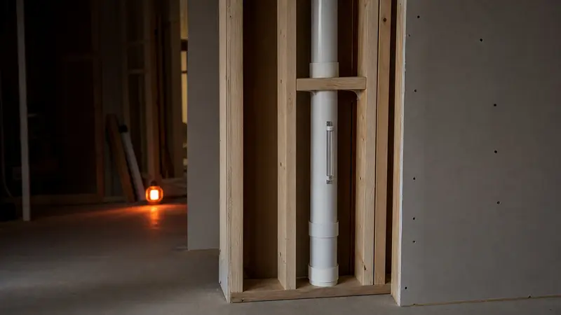 Radon pipe boxed in behind new drywall framing