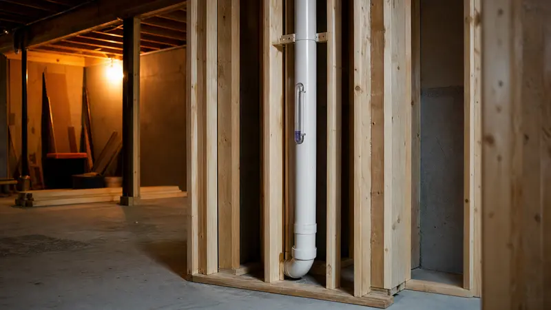 Basement being remodeled with framing around a radon pipe