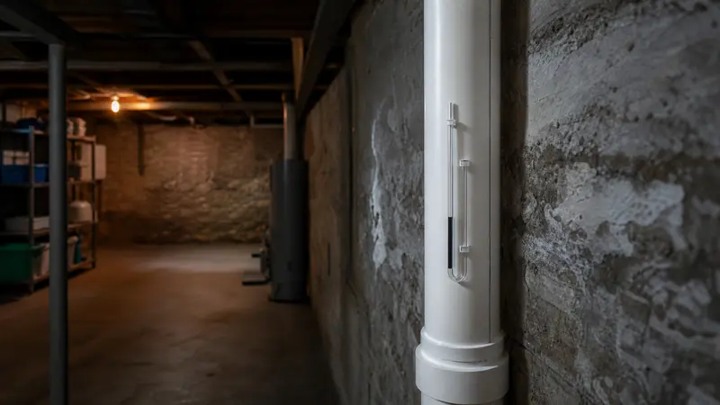 Finished radon system with a manometer in a basement
