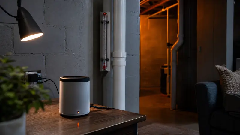 Radon monitor on a basement table with soft light