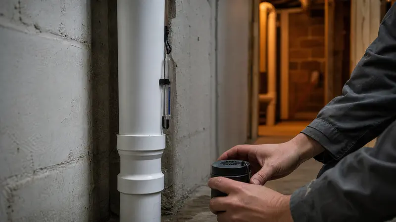 Professional placing a radon monitor in a basement, hands only