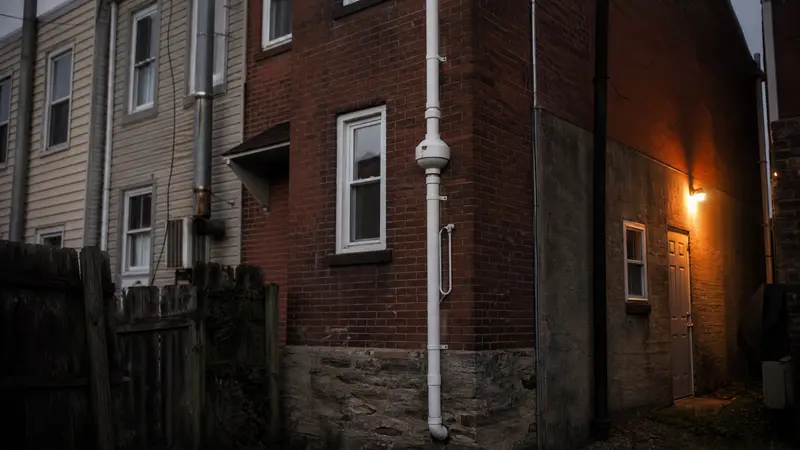 Rear alley view of rowhomes with a radon pipe