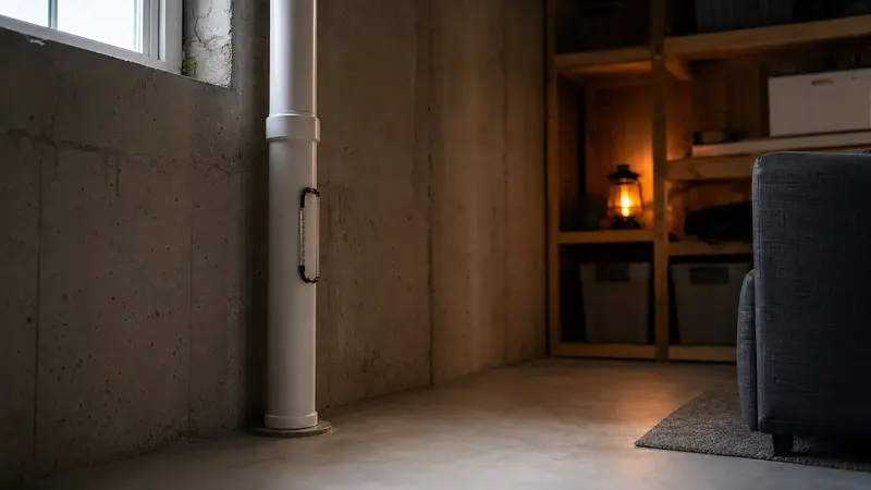 Calm basement with a radon monitor and soft light