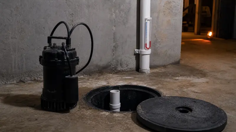 Sump pump lifted out beside an open radon cover