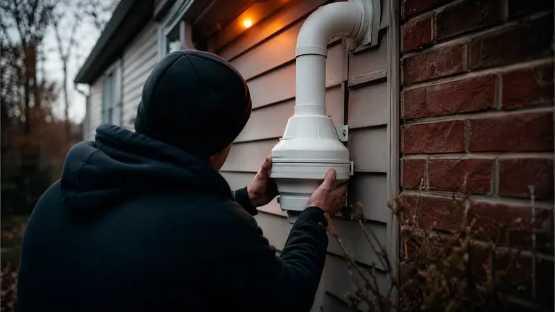 Radon pipe passing through a basement rim joist to the exterior