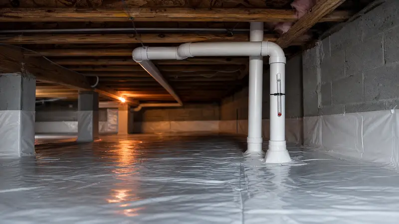 Heavy radon barrier membrane sealed over a crawl space floor