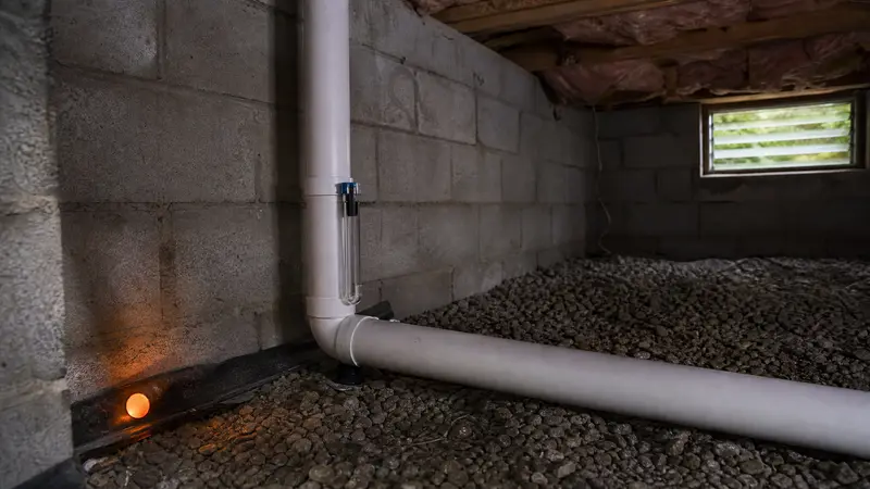 Radon pipe sloped back toward the suction point