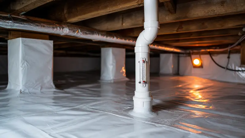 Crawl space with a sealed white radon membrane and a PVC suction pipe
