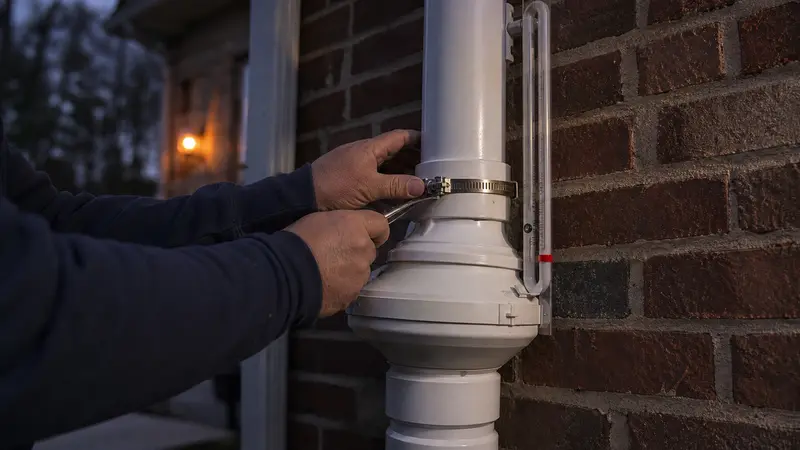 Radon mitigation installer’s hands tightening a clamp on a white radon pipe on the exterior wall of a York brick home at dusk
