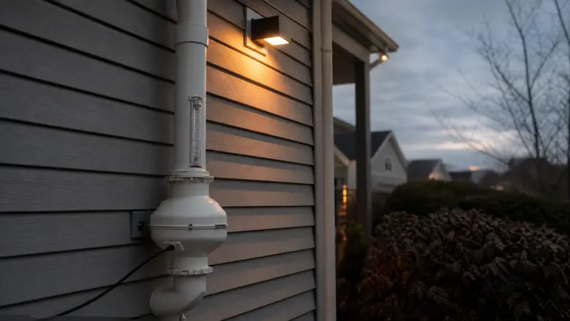 Radon fan mounted on the exterior wall with the vent pipe running above the roof edge