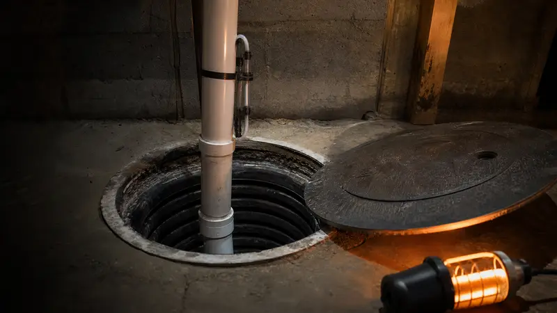 Open unsealed sump pit in a basement floor before radon work